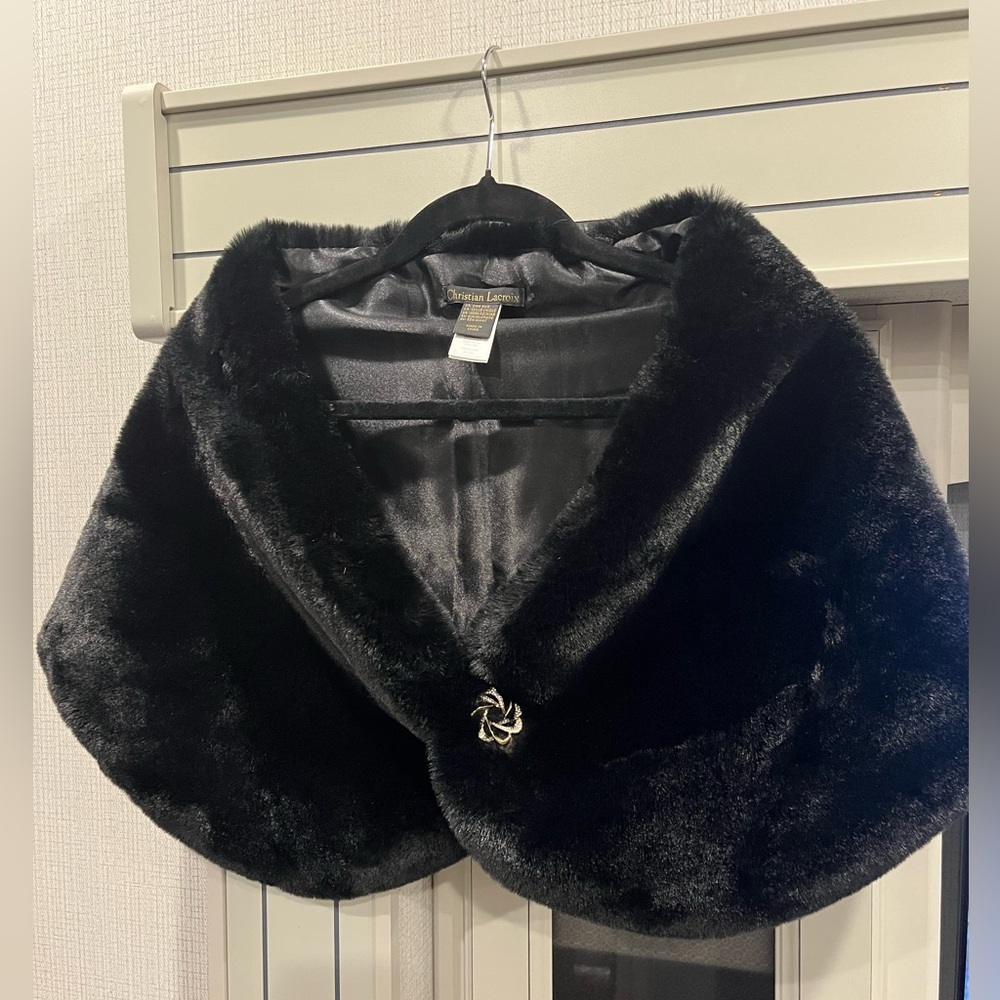 CHRISTIAN LACROIX Faux Fur Black Shawl for Black Tie Wedding Party Cover Up